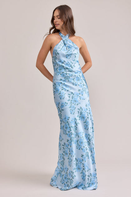 Athena Satin Floral Print Dress | Made To Order | Sky Blue Blossom