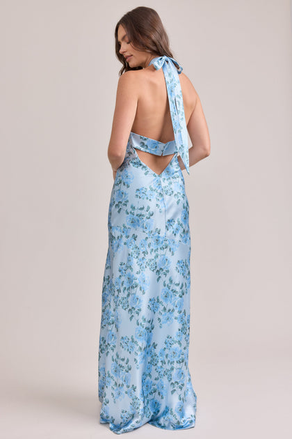 Athena Satin Floral Print Dress | Made To Order | Sky Blue Blossom