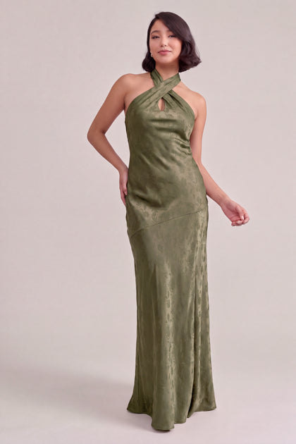 Athena Satin Jacquard Dress | Deep Olive