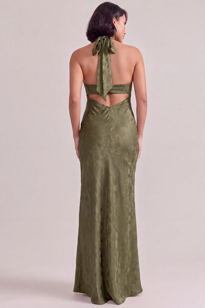 Athena Satin Jacquard Dress | Deep Olive