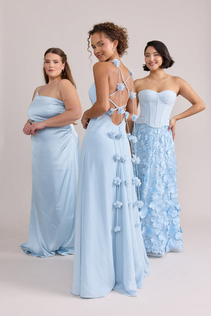 Jade Satin Dress (L), Karsyn Luxe Chiffon Dress (C), Azalea Applique Dress (R) in Sky Blue