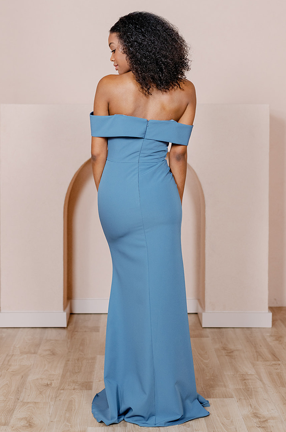Sample Dusty Blue Bardot Crepe Dress | Ready To Ship 4 Sample Dusty Blue Bardot Crepe Dress | Ready To Ship 4