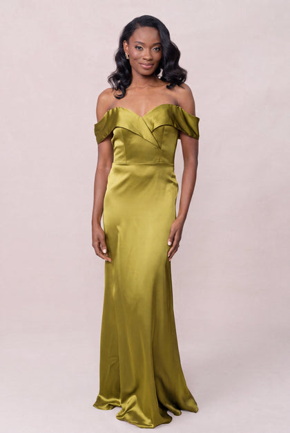 Bardot Satin Dress | Made To Order | Chartreuse