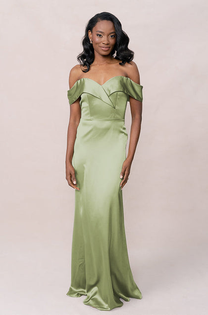 Bardot Satin Dress | Made To Order | Matcha