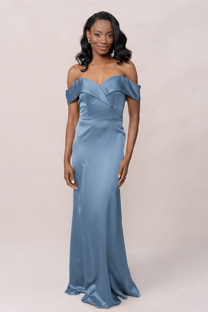 Bardot Satin Dress | Made To Order | True Blue