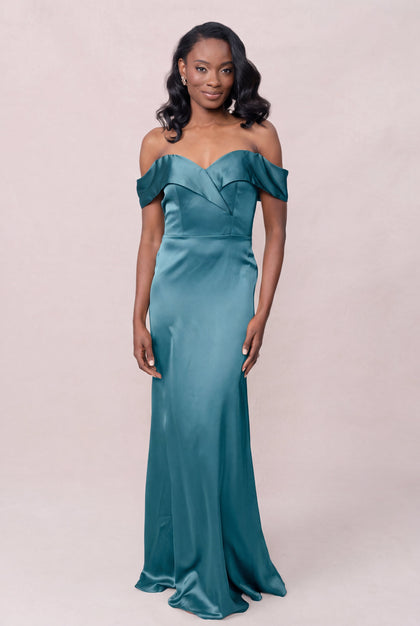 Bardot Satin Dress | Made To Order | Turquoise