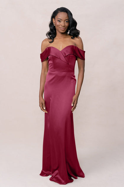 Bardot Satin Dress | Made To Order | Berry