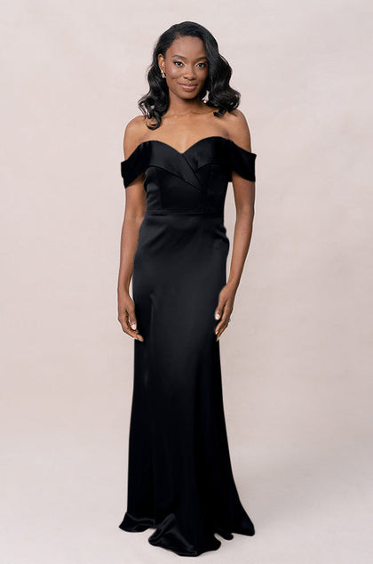 Bardot Satin Dress | Made To Order | Black