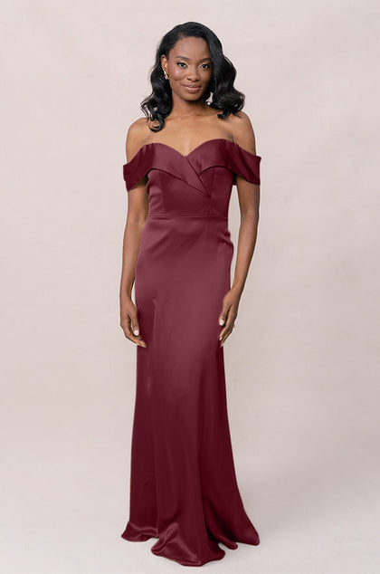 Bardot Satin Dress | Made To Order | Cabernet