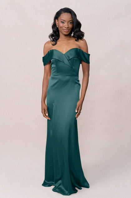 Bardot Satin Dress | Made To Order | Classic Emerald