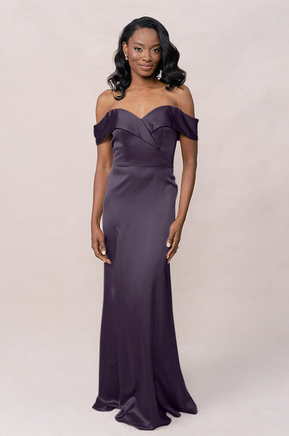 Bardot Satin Dress | Made To Order | Eggplant