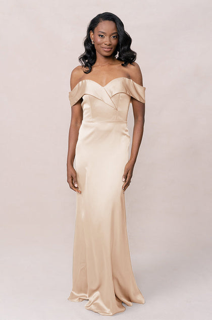Bardot Satin Dress | Made To Order | Gold Champagne