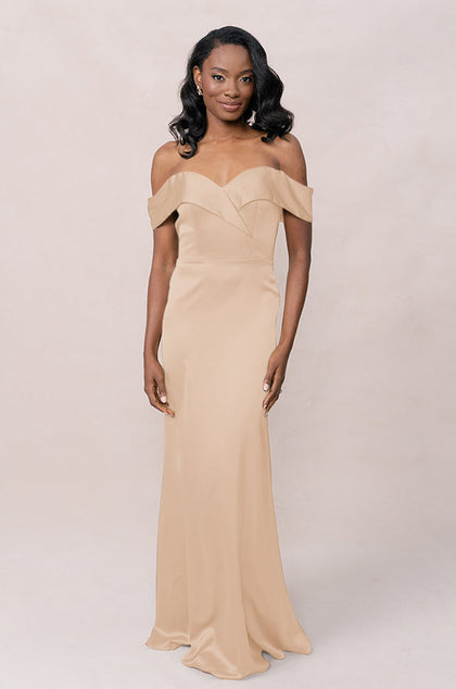 Bardot Satin Dress | Made To Order | Honey Beige