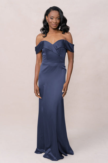 Bardot Satin Dress | Made To Order | Indie Blue