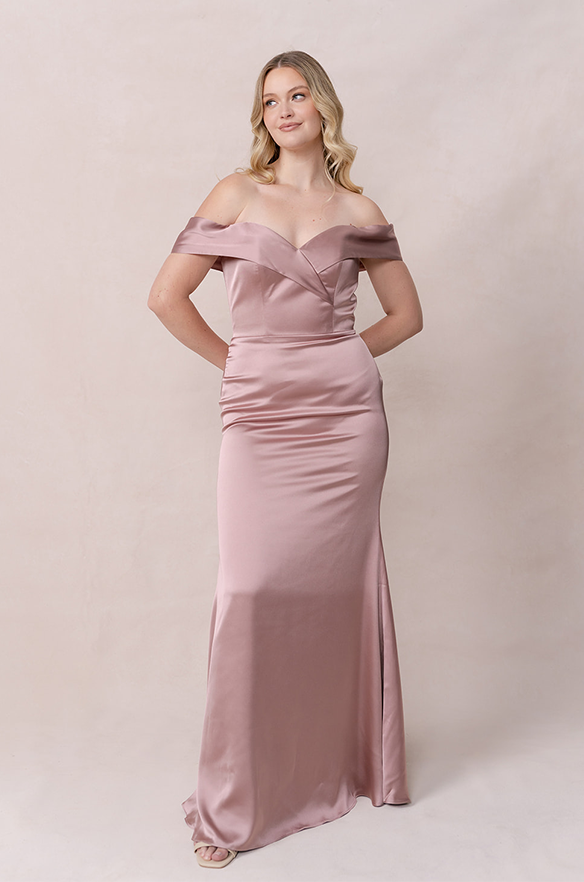 White Pearl Bridesmaid Dress at Revelry Bardot Satin Dress Made to Order White Pearl