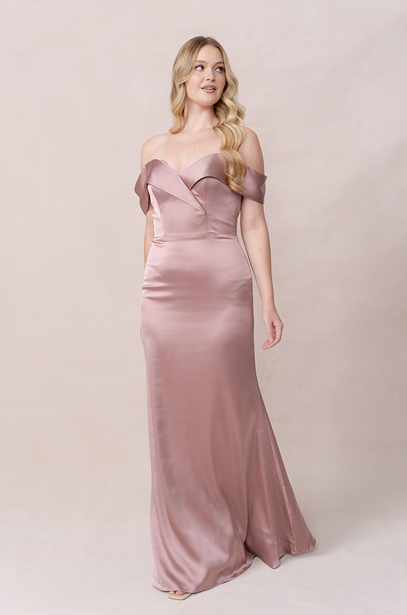 bardot satin dress Celinea | Black Satin Bardot-Neck Maxi Dress With Front-High Split