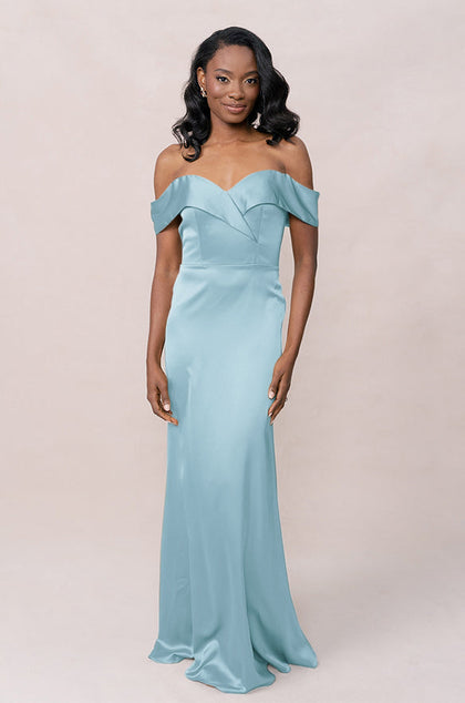 Bardot Satin Dress | Made To Order | Light Blue