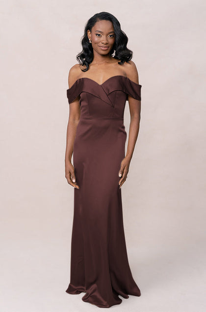 Bardot Satin Dress | Made To Order | Mahogany