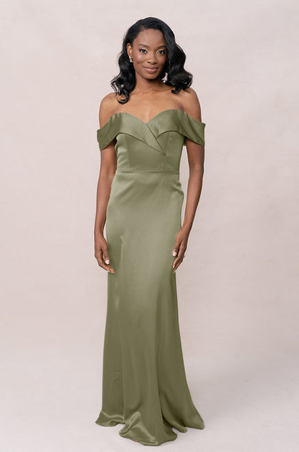 Bardot Satin Dress | Made To Order | Moss