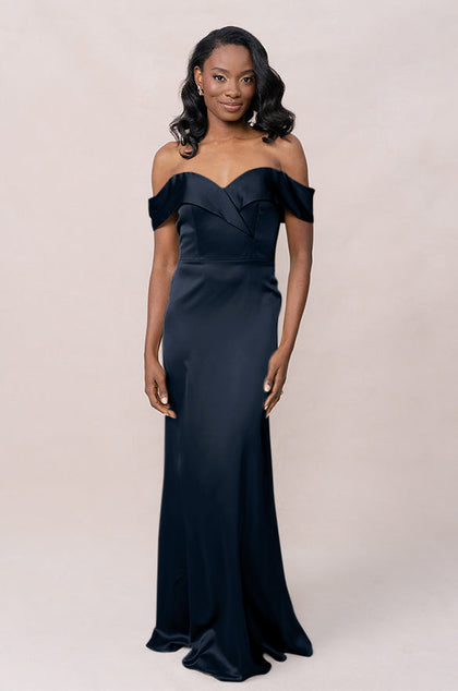 Bardot Satin Dress | Made To Order | Navy Blue