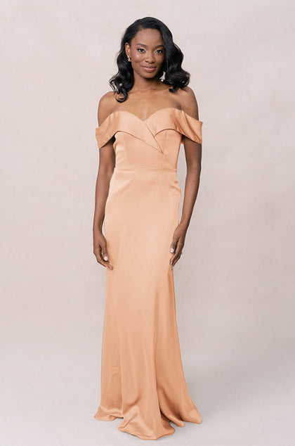 Bardot Satin Dress | Made To Order | Peach