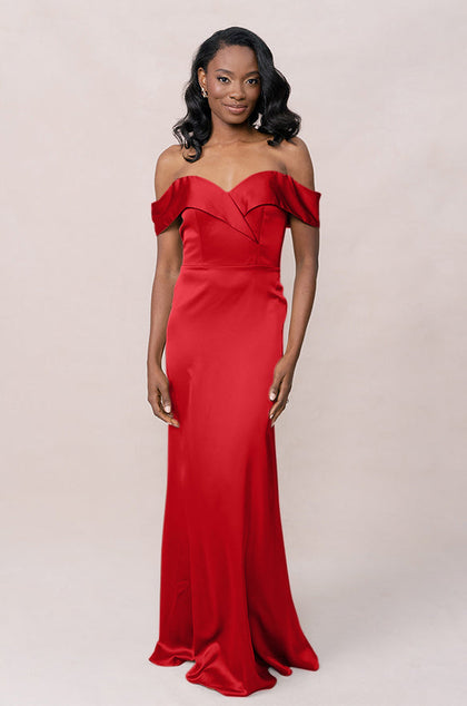 Bardot Satin Dress | Made To Order | Poppy Red