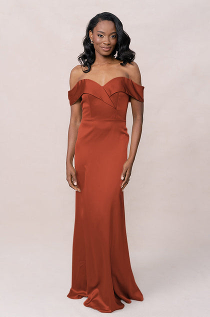 Bardot Satin Dress | Made To Order | Rust