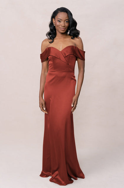 Bardot Satin Dress | Made To Order | Rust