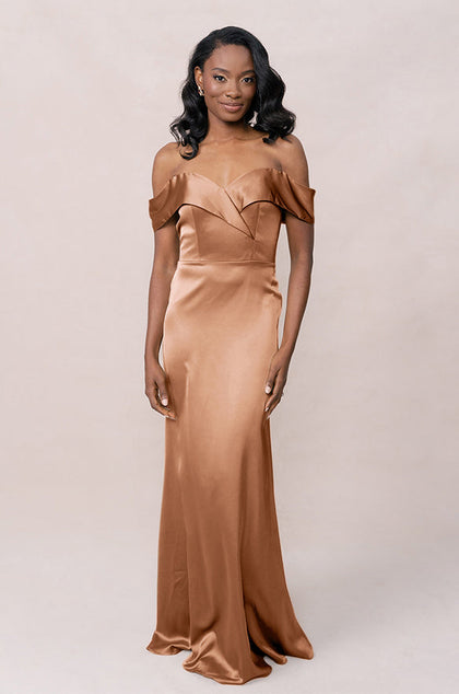 Bardot Satin Dress | Made To Order | Toffee