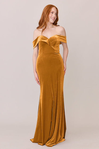 Bardot Velvet Dress | Made To Order | Mustard