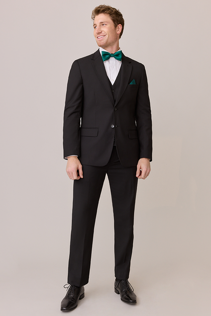 Model: Ethan; Size: Slim 42 Regular. Pictured with Classic Emerald Satin Bowtie and Pocket Square