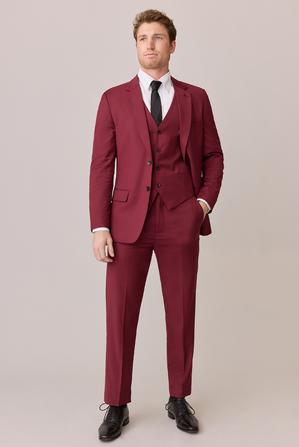 Model: Ethan; Size: Modern 32/31. Pictured with Cabernet Jacket and Black Chiffon Tie