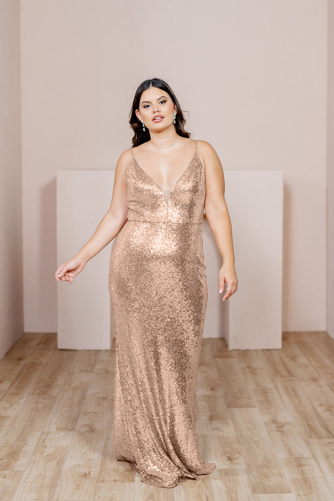 Rose Gold Unique Sequin Feather Plus Size Trumpet Prom Dress