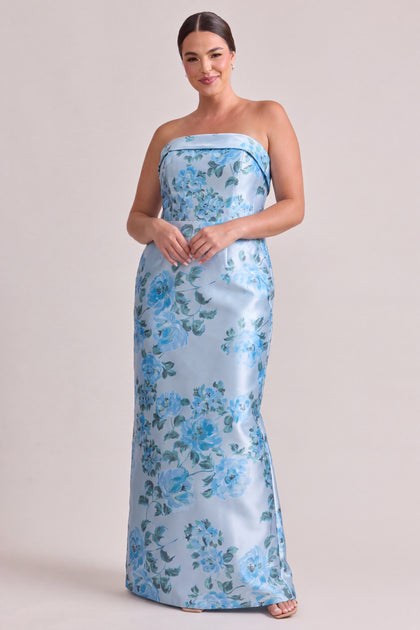 Caroline Floral Print Mikado Dress | Sky Blue Blossom