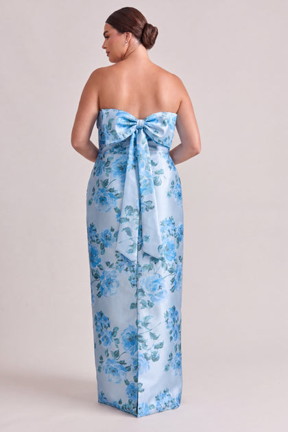 Caroline Floral Print Mikado Dress | Sky Blue Blossom