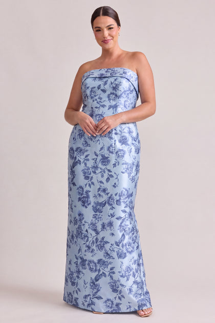 Caroline Floral Print Mikado Dress | Sky Blue Garden