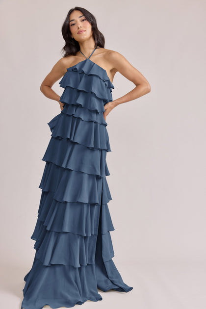 Carrie Chiffon Dress | Made To Order | Dusty Blue