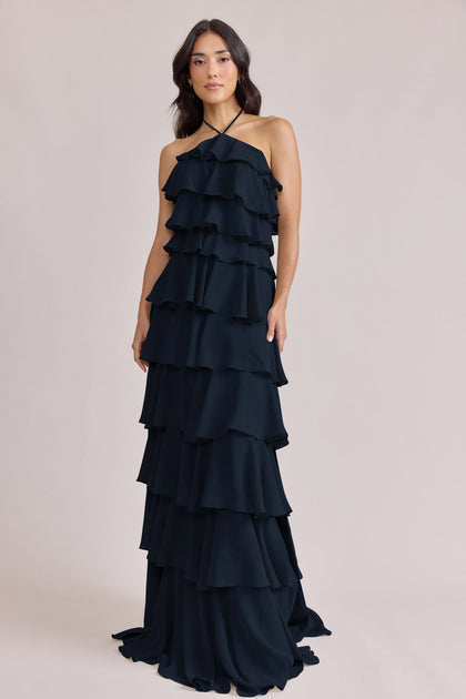Carrie Chiffon Dress | Made To Order | Navy Blue