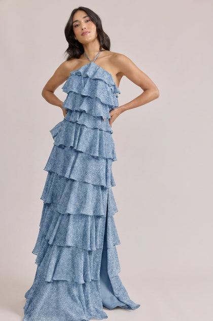 Carrie Chiffon Floral Print Dress | Made To Order | Dusty Blue Posey