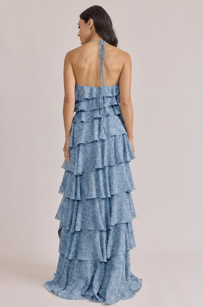 Carrie Chiffon Floral Print Dress | Made To Order | Dusty Blue Posey