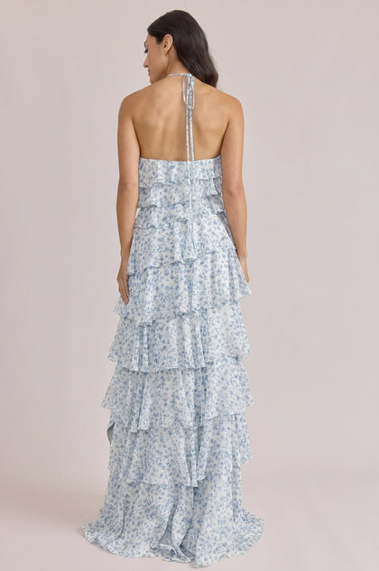 Carrie Chiffon Floral Print Dress | Made To Order | French Blue Posey