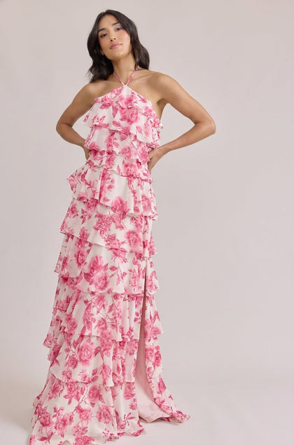 Carrie Chiffon Floral Print Dress | Made To Order | Hot Pink Garden