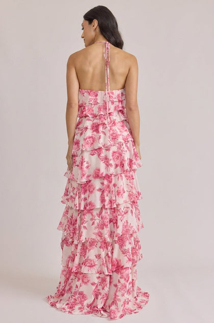 Carrie Chiffon Floral Print Dress | Made To Order | Hot Pink Garden