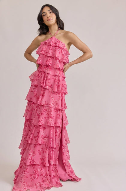 Carrie Chiffon Floral Print Dress | Made To Order | Malibu Pink Bouquet