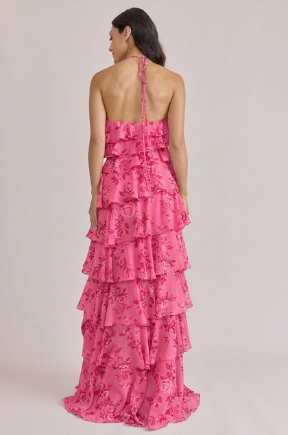 Carrie Chiffon Floral Print Dress | Made To Order | Malibu Pink Bouquet