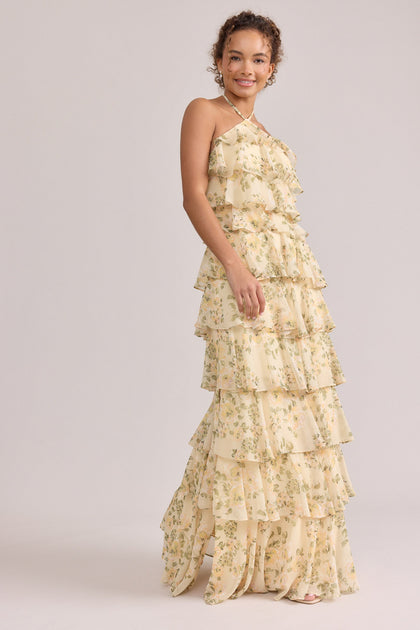 Carrie Chiffon Floral Print Dress | Made To Order | Pale Yellow Blossom