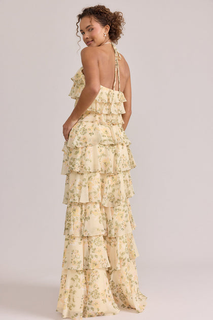 Carrie Chiffon Floral Print Dress | Made To Order | Pale Yellow Blossom