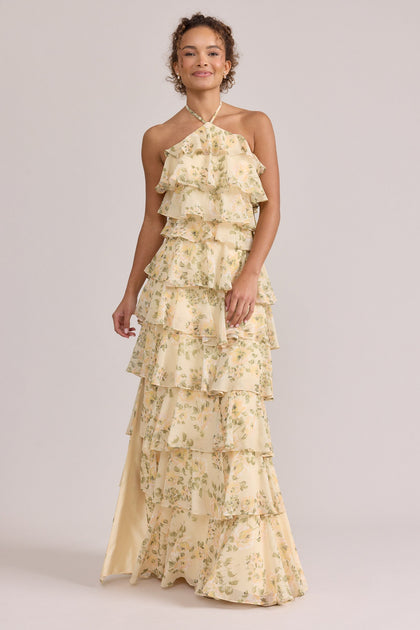 Carrie Chiffon Floral Print Dress | Made To Order | Pale Yellow Blossom