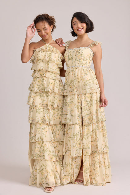 Carrie Chiffon Floral Print Dress | Made To Order | Pale Yellow Blossom