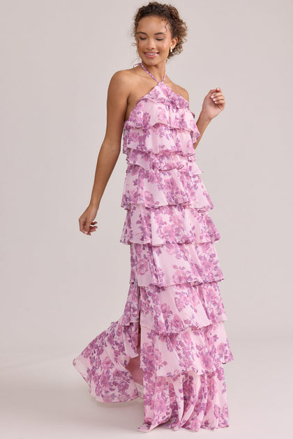 Carrie Chiffon Floral Print Dress | Made To Order | Perfect Pink Blossom